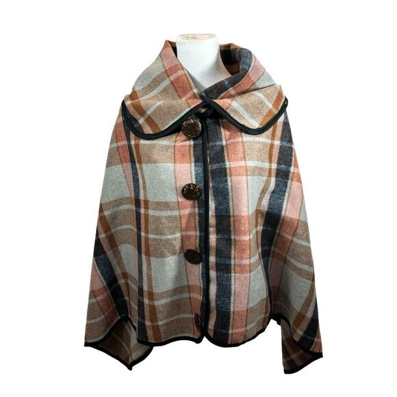 Brand new with Tags LIB NY Classic Plaid Poncho Cape with Coconut Buttons OS - Picture 10 of 16